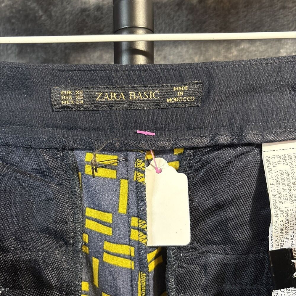 ZARA Navy Blue with Yellow contrasting print crop trousers pants XS - Picture 6 of 12